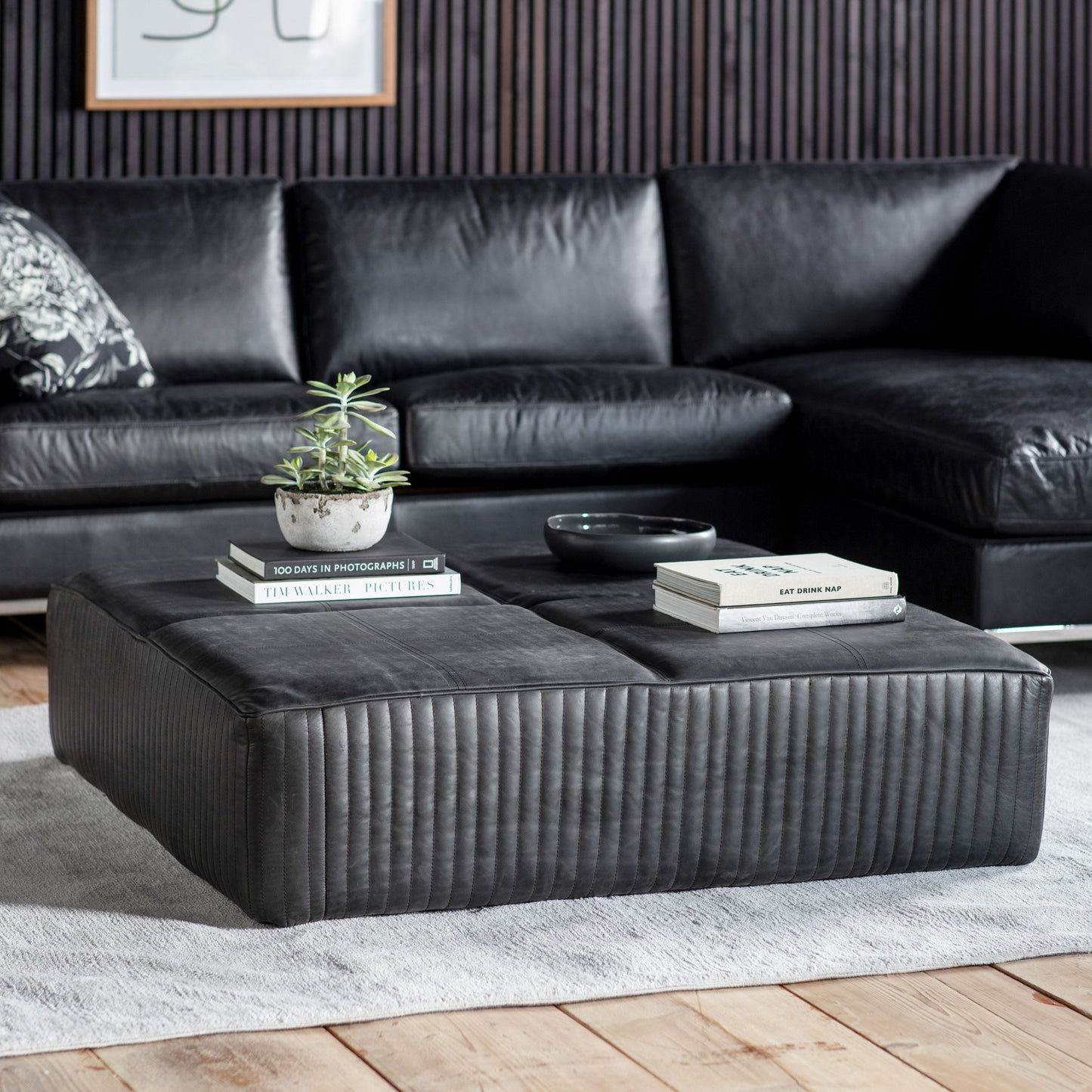 Eden Slab Black Leather Footstool