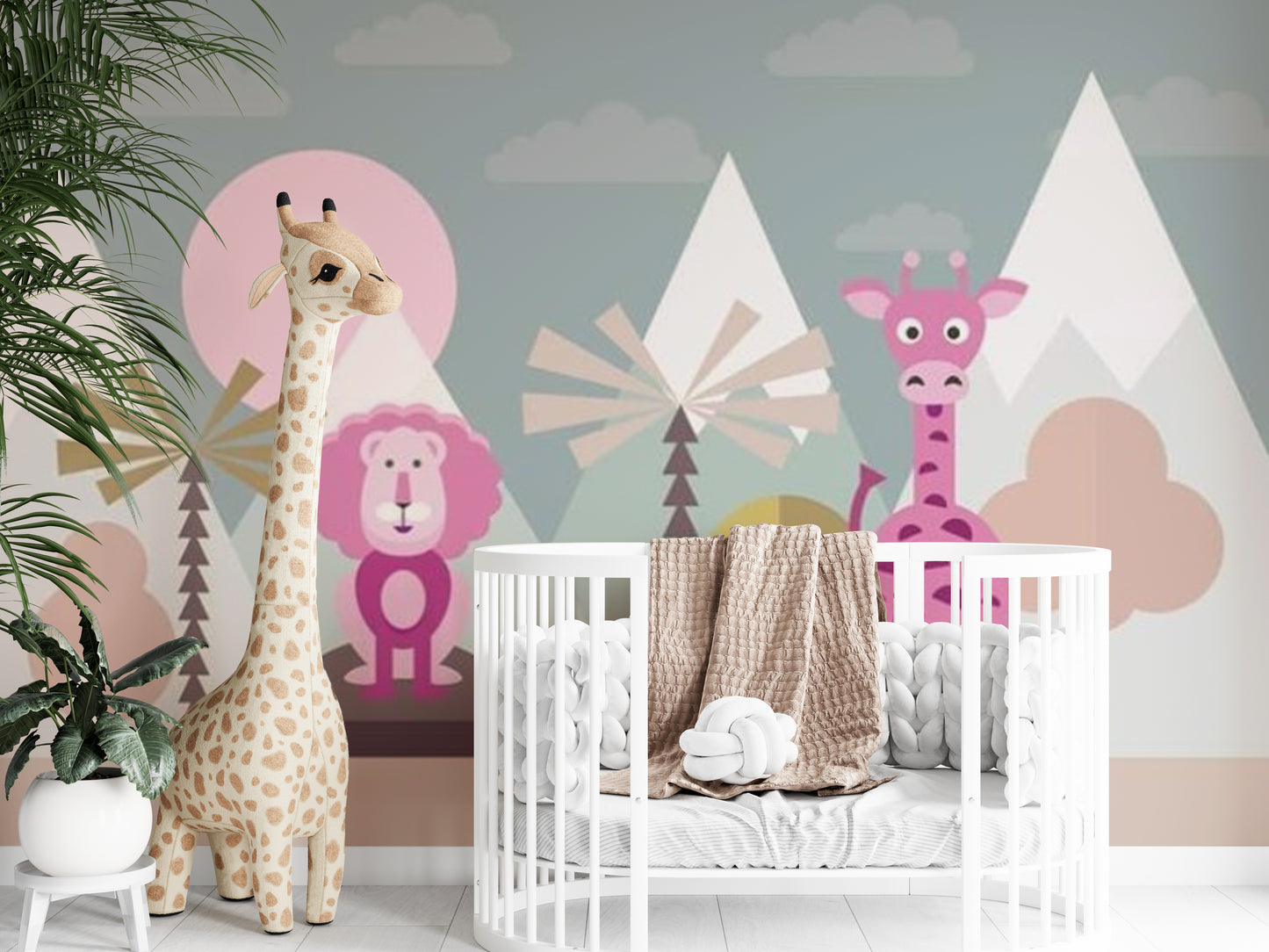 Funky Giraffe And Lion Everest Mountains Mural Wallpaper