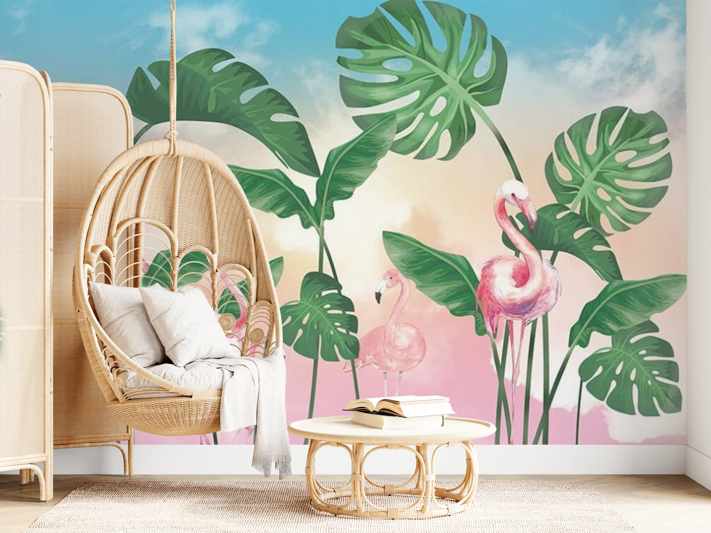 Monstera Sunset Flamingo Sunset Mural Wallpaper